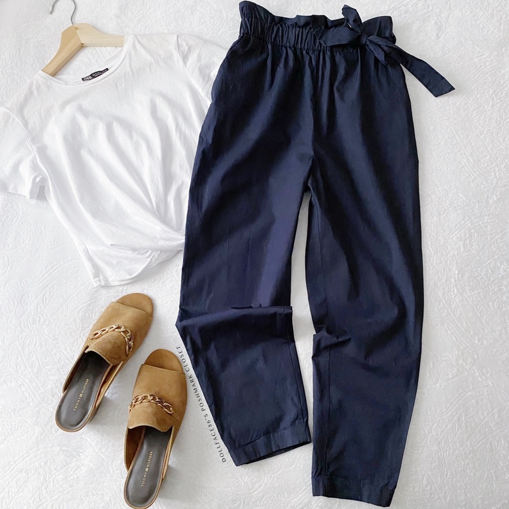 Zara Navy Blue Paper Bag Waist Pants